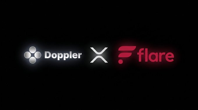 The image displays the logos of "Doppler" and "Flare" separated by a multiplication-style "X" symbol on a black background, visually representing the partnership between the two platforms to integrate Flare's FXRP vaults with Doppler's services for XRP holders, as announced at the XRP Seoul event.