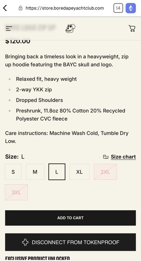 A screenshot from boredapeyachtclub.com store showing a heavyweight zip-up hoodie featuring the BAYC skull and logo, priced at $120.00 with size L selected.