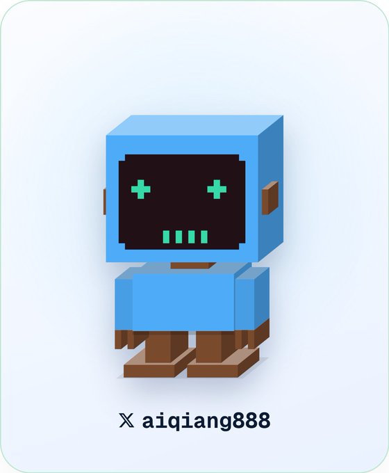 A 3D illustration of a small blue cube-shaped robot with green digital eyes and brown feet, labeled 'X aiqiang888' below it.