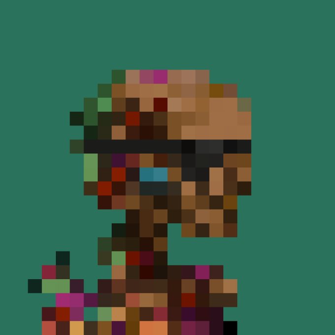 A pixelated, heavily corrupted or low-resolution digital image of a face wearing sunglasses against a teal background.