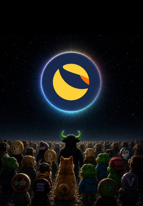 A surreal digital artwork featuring a crowd of cartoon mascots and crypto-related characters (including Bitcoin and Doge) gazing up at a glowing, eclipsed moon displaying a stylized yellow and orange logo.