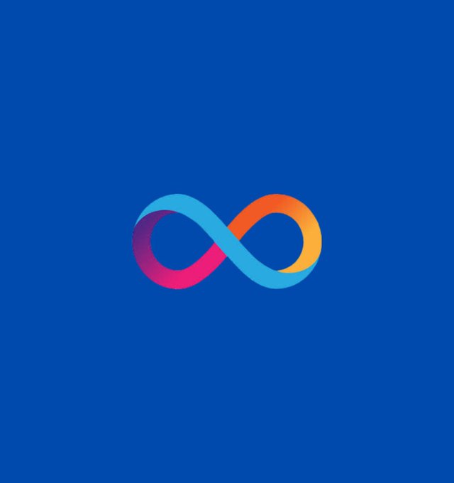 A minimalist logo on a solid blue background featuring an infinity symbol rendered in a gradient of purple, pink, orange, and light blue.
