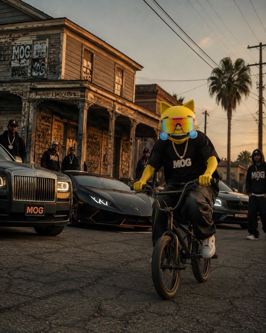 An AI-generated image shows a yellow cat-headed figure wearing rainbow shutter shades and a 'MOG' shirt riding a bicycle down a street, followed by a black Rolls-Royce and Kia with 'MOG' branding.