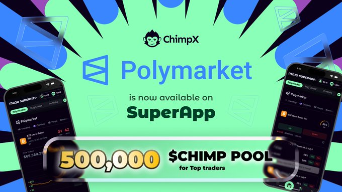 Promotional banner announcing 'Polymarket is now available on SuperApp' by ChimpX, featuring a $500,000 CHIMP POOL reward for top traders.