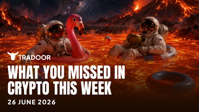 The image is a surreal promotional graphic from Tradoor featuring two astronauts relaxing in lava/lava tubes alongside a pink flamingo pool float and a beach ball, set against a fiery volcanic landscape under a starry sky. Bold white text reads "TRADOOR" with its bull logo, followed by "WHAT YOU MISSED IN CRYPTO THIS WEEK" and the date "26 JUNE 2026." The image relates to the post as a stylized weekly crypto recap header, though the volcanic/heat imagery loosely contrasts with the cool ecosystem updates about the GRAM rebrand and TON Pay 2.0 mentioned in the accompanying text.