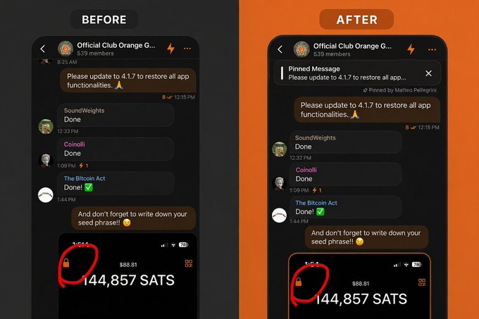 A 'BEFORE' and 'AFTER' comparison of a messaging app interface for 'Official Club Orange G...' group, showing a pinned message feature in the updated version.