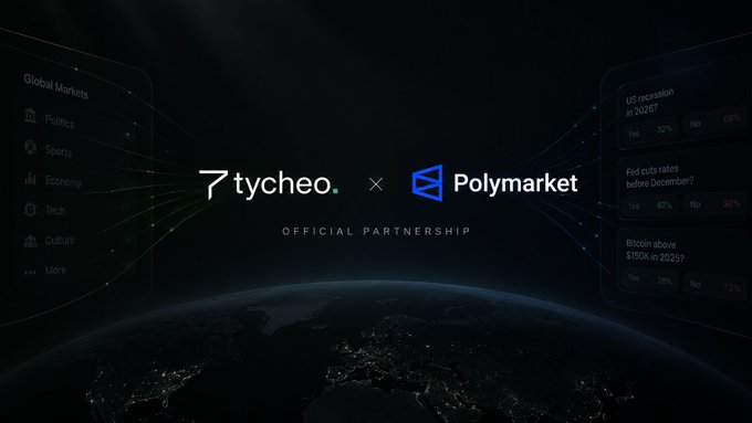 Official partnership announcement graphic showing 'tycheo × Polymarket' logos with categories like Politics, Sports, Economy, and Tech displayed alongside prediction markets.