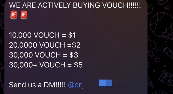 A dark advertisement banner reading 'WE ARE ACTIVELY BUYING VOUCH!!!!!' with pricing: '10,000 VOUCH = $1', '20,0000 VOUCH = $2', '30,000 VOUCH = $3', '30,000+ VOUCH = $5', and 'Send us a DM!!!!! @cry' (partially visible).