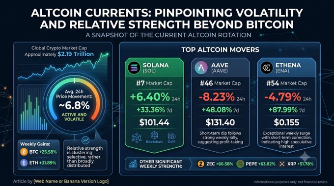 The image is an infographic titled "Altcoin Currents: Pinpointing Volatility and Relative Strength Beyond Bitcoin," highlighting a $2.19 trillion global crypto market cap with 6.8% average 24-hour movement. It features top altcoin movers Solana +6.40%, Aave -8.23%, and Ethena -4.79%, alongside other significant weekly performers including ZEC +66.58%, PEPE +63.82%, and XRP +51.78%, illustrating the selective capital rotation described in the accompanying post.