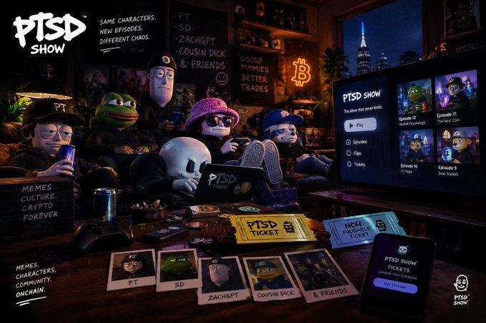 Promotional artwork for the 'PTSD Show' featuring cartoon characters and text like 'MEMES. CULTURE. CRYPTO. FOREVER.'