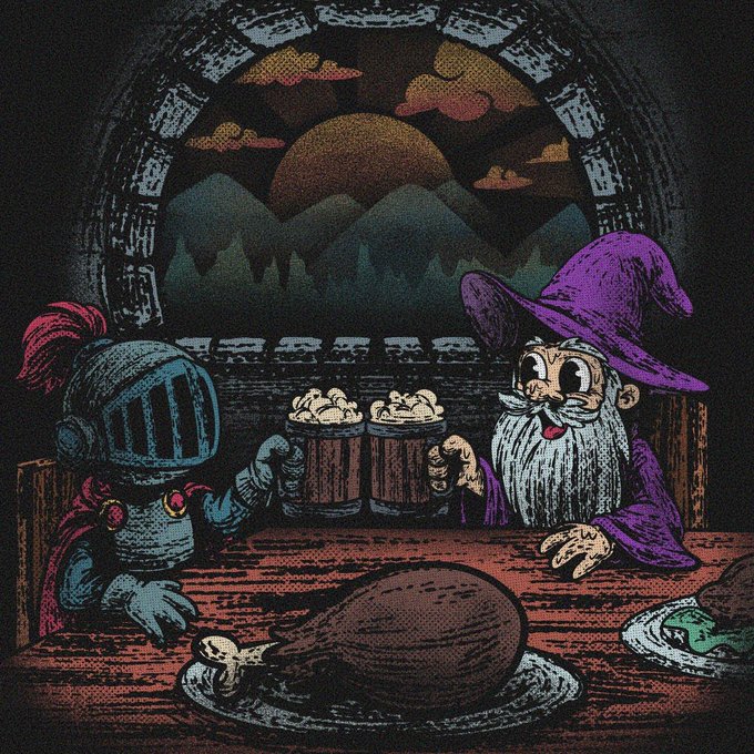Pixel-art illustration of a knight in armor toasting beers with a purple-robed wizard at a tavern table, with a roasted bird on a plate in the foreground.