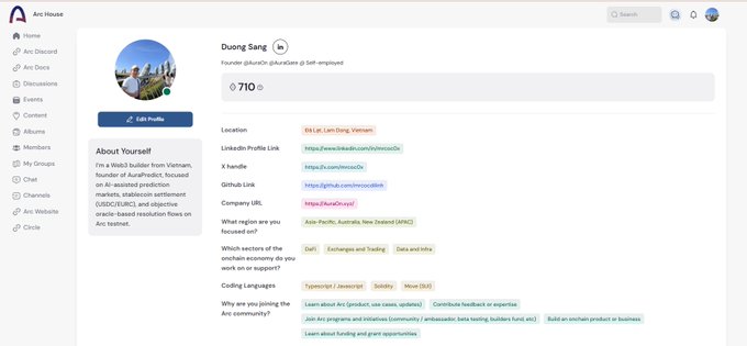A screenshot of an Arc House profile page for 'Duong Sang', who is described as a Web3 builder from Vietnam and founder of AnvaneRedact, with 710 reputation points and links to X, GitHub, and company URL.