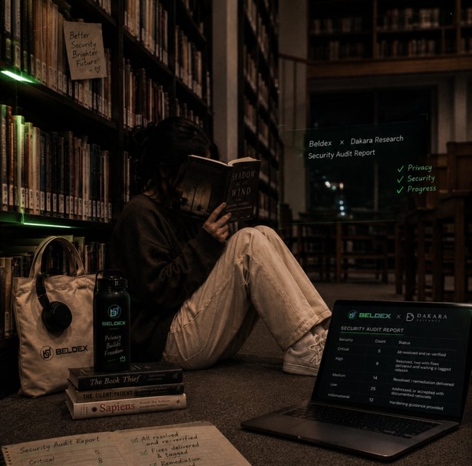 A moody library scene with a person reading "Shadow of the Wind" while surrounded by Beldex/Dakara Research branded security audit materials, including a laptop showing a 'SECURITY AUDIT REPORT' with privacy, security, and progress checkmarks, a 'Privacy Builds Freedom' water bottle, and a 'BELDEX' tote bag.