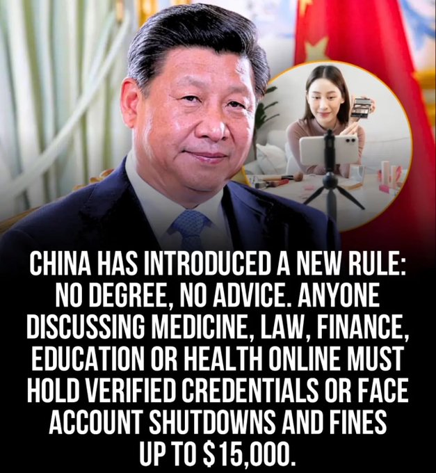 This image shows a rule in China requiring verified credentials to give advice online in fields like finance, with fines up to $15,000, relating to the accompanying post about how informal Bitcoin knowledge can surpass formal finance education.