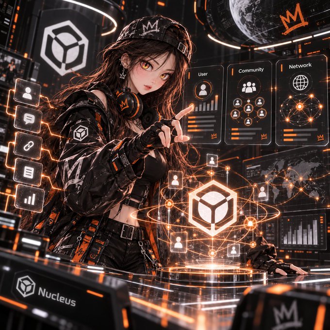 A digital illustration in an anime style depicts a girl in techwear and a cap interacting with floating holographic interfaces labeled "User," "Community," and "Network," alongside a "Nucleus" logo.