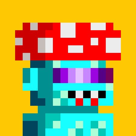 Pixel art character with cyan skin, pink/purple hair, and a large red and white mushroom cap on a yellow background.