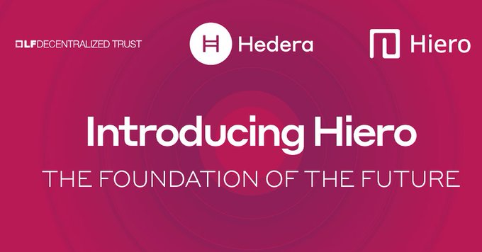 A promotional graphic with a magenta background features the DLT Decentralized Trust logo, the Hedera logo, and the Hiero logo at the top, with the text "Introducing Hiero" and the tagline "THE FOUNDATION OF THE FUTURE" displayed below. The image supports the post's message by visually confirming Hedera's open-source transition under the Linux Foundation's governance, introducing Hiero as the new foundation for the network's future development.