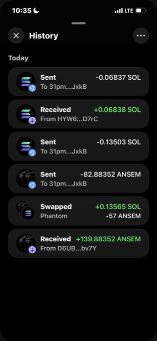 A smartphone screenshot of a cryptocurrency wallet transaction history showing 'Sent', 'Received', and 'Swapped' entries involving SOL (Solana) and ANSEM tokens.