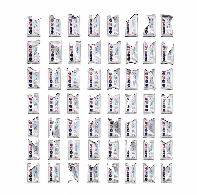 A grid of identical crumpled silver 'CYRO' product packages arranged on a white background.