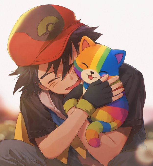 Anime-style illustration of a smiling character wearing a red and yellow cap with a 'P' logo, hugging a colorful rainbow-striped cat plushie