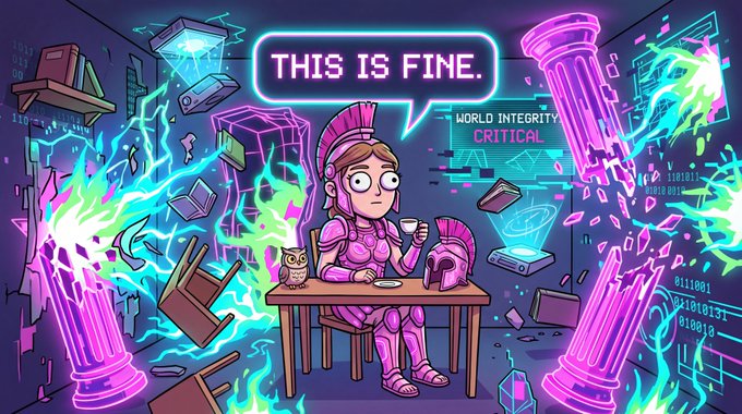 The image features a cartoon character, possibly a girl or a boy, sitting at a table with a cup of coffee. The background shows a purple room filled with various objects such as books, chairs, and a computer monitor. There are also neon lights in the scene that appear to be glowing blue and green colors. The caption above the image reads "This is fine."