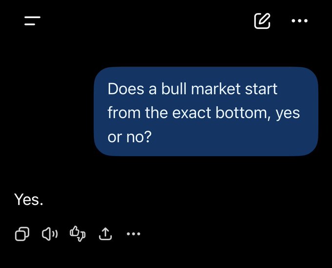 A ChatGPT response confirming "Yes," that a bull market starts from the exact bottom, supporting the post's claim that XRP's low of $0.985 marks the beginning of a new bull market.