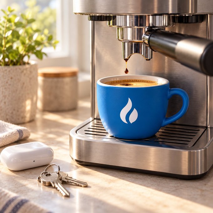 A stainless steel espresso machine brews rich coffee into a blue ceramic mug adorned with a white flame/sticker design, set on a sunlit kitchen counter alongside AirPods, keys, and a small potted plant. The image perfectly captures the "first cup of the new week" moment, toasting the start of the week with a fresh brew and a cozy morning vibe.