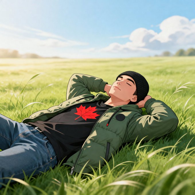 An anime-style illustration shows a young man wearing a green puffer jacket over a black shirt with a red maple leaf design, lying in tall grass with his eyes closed and hands behind his head under a blue sky.
