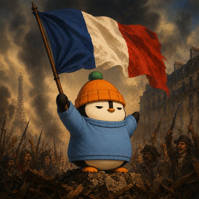 A digital painting depicts a cartoon penguin wearing an orange beanie and blue sweater, waving a French flag while standing on a barricade during a revolutionary scene reminiscent of Eugène Delacroix's 'Liberty Leading the People,' with the Eiffel Tower visible in the background.