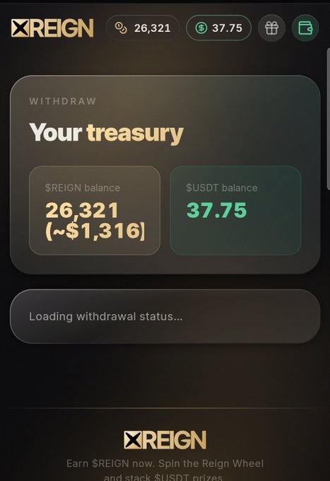 The image shows the XREIGN app's withdrawal page displaying a treasury with 26,321 $REIGN tokens (~$1,316) and a $USDT balance of 37.75, while the post warns that XREIGN is a project to avoid, highlighting that they display listing prices before the TGE (Token Generation Event) as a red flag, with concerns that influencers promoting it have already been paid.