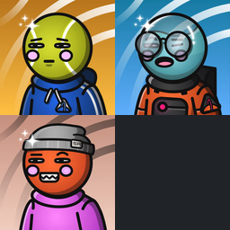 A digital illustration showing a grid of four cartoon astronaut-like characters with 'SR' on their suits against colored backgrounds.