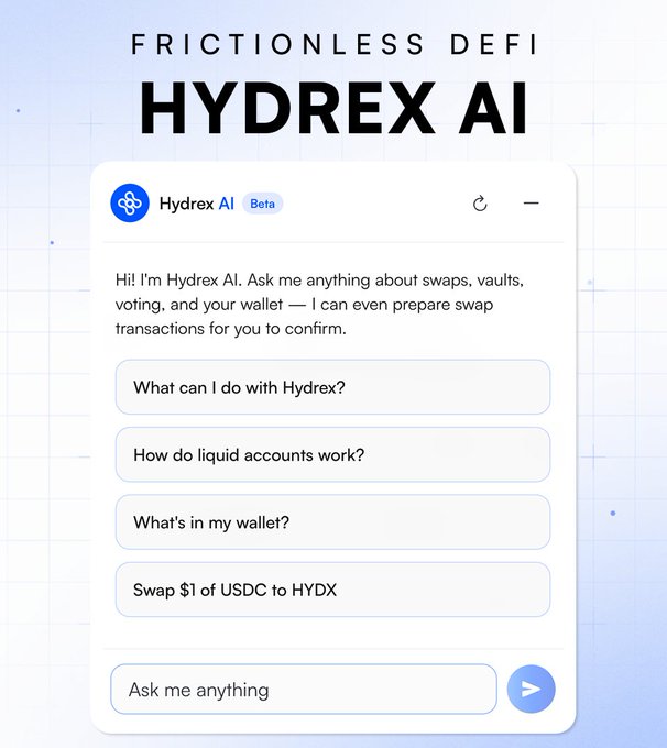 A screenshot of the Hydrex AI interface, a 'Frictionless DeFi' chatbot, showing suggested prompts like 'Swap $1 of USDC to HYDX' and 'What's in my wallet?'.