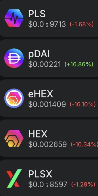 A cryptocurrency price tracking screen showing tickers PLS (-1.68%), pDAI (+16.86%), eHEX (-16.10%), HEX (-10.34%), and PLSX (-1.29%) with their respective prices and percentage changes.