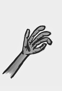 A simple digital sketch of a hand in a pinching or grasping gesture, drawn with bold black outlines and minimal shading against a light gray background, consistent with a daily practice sketch challenge on day 216.