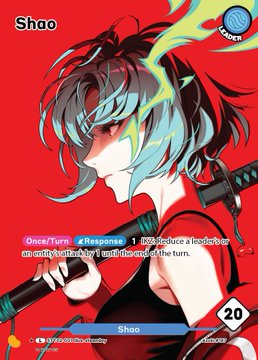 Anime-style character card featuring 'Shao' at Level 1 on the Moon blockchain, with stats showing 20 power and text reading 'an entity in an XY until the end of the turn.'