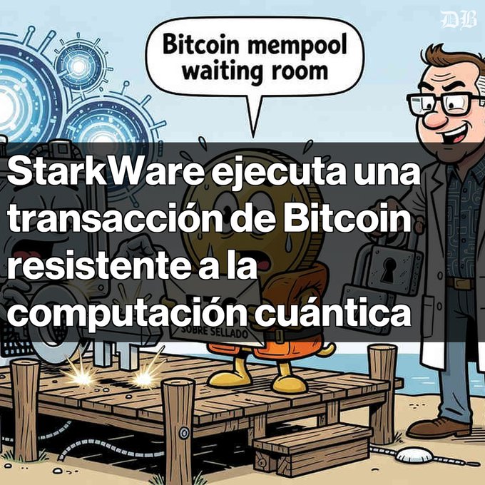 A cartoon illustration of a sweating Bitcoin coin on a dock with speech bubble 'Bitcoin mempool waiting room', overlaid with Spanish text: 'StarkWare ejecuta una transacción de Bitcoin resistente a la computación cuántica'.