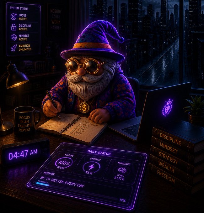 A digital illustration of a gnome with round goggles and a purple hat writing in a notebook at a desk, surrounded by neon-lit screens displaying metrics like "FOCUS 100%", "ENERGY 95%", "MINDSET ELITE", and a mission to "BE 1% BETTER EVERY DAY" at 04:47 AM.