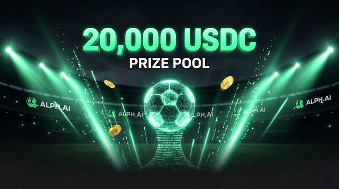 A promotional banner for Alpha AI featuring a glowing holographic soccer ball and coins, advertising a '20,000 USDC PRIZE POOL' with stadium lighting effects.