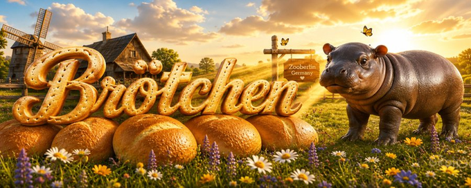 The image displays the word "Bröchen" formed from bread rolls, set in a rural scene with a windmill and a baby hippo, alongside a sign for "Zooberlin Germany." The image likely represents the project or brand being discussed in the accompanying post, with the "Bröchen" name potentially being a whimsical reference or ticker relating to the financial