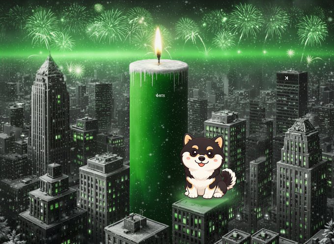 The image features a small black and white dog sitting next to a tall green candle that has been lit. The background of the image shows a city skyline with buildings, including one building that appears to be made entirely out of snow. The caption on the image reads "Don't gamble crypto, you won'T win big gambling, stick with convictions like $MANYU".