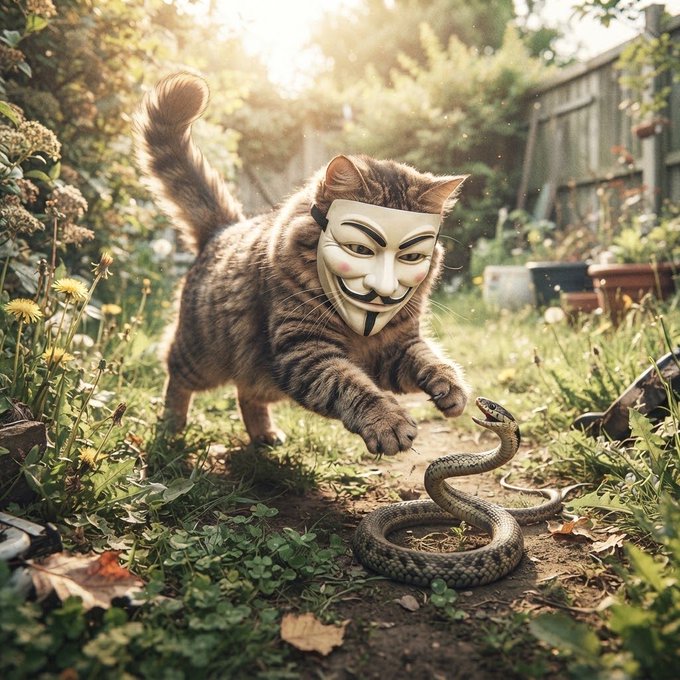 A digital illustration depicts a tabby cat wearing a Guy Fawkes/V for Vendetta mask confronting a coiled snake in a sunlit garden setting.