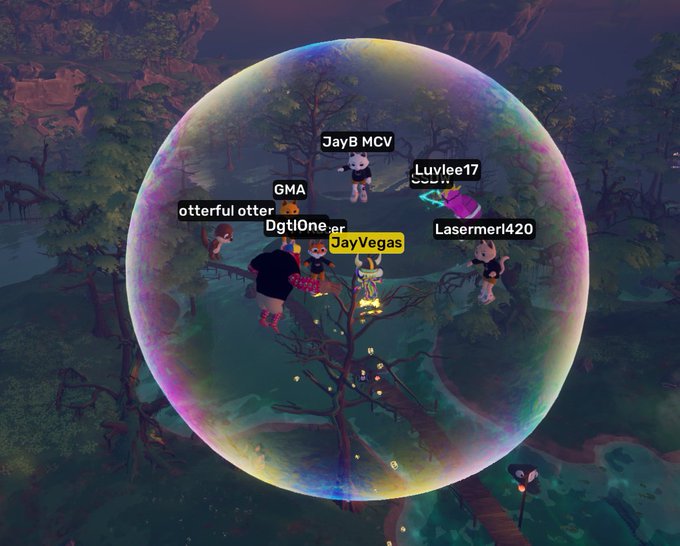 A video game screenshot showing multiple player avatars gathered together, enclosed within a large, iridescent bubble in a swampy forest environment. Player names like 'JayB MCV', 'Luvlee17', 'GMA', 'otterful otter', 'DgtlOne', 'JayVegas', and 'Lasermerli420' are displayed above their characters.