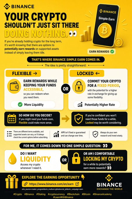 A yellow promotional infographic from Binance titled "YOUR CRYPTO SHOULDN'T JUST SIT THERE DOING NOTHING," explaining the differences between Flexible and Locked Simple Earn options.