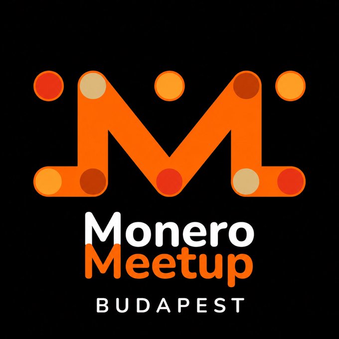 The image features a logo for a meetup event, which appears to be related to the Monero cryptocurrency. The logo consists of an orange "M" with white dots surrounding it, creating a striking contrast against a black background. Below the logo, there is text that reads "Monero Meetup Budapest". This suggests that the meetup will likely involve discussions and networking around the Monero cryptocurrency in the context of Budapest.