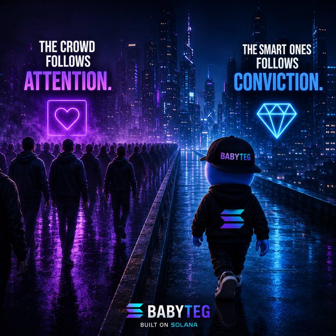 The image features a poster with a cityscape at night, featuring neon lights that represent the crowd following attention. The poster also includes a cartoon character walking down a street wearing a hat and carrying a diamond. The caption above the image reads "The crowd follows attention. The smart ones follow conviction."