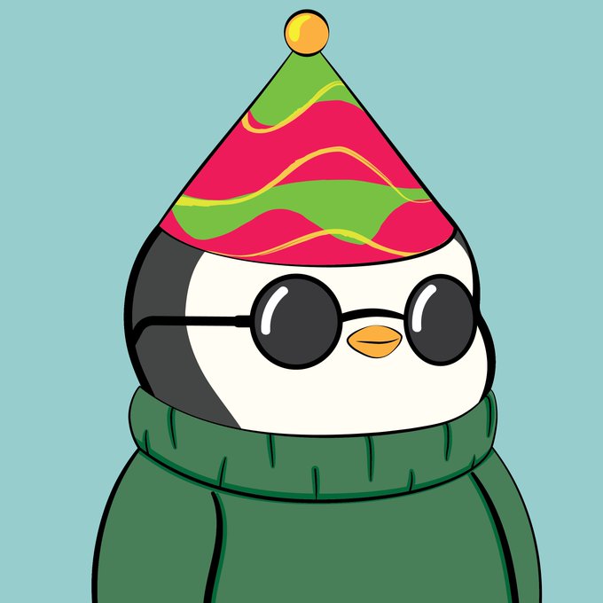 A cartoon penguin wearing round sunglasses and a colorful party hat with green and pink stripes, set against a teal background.