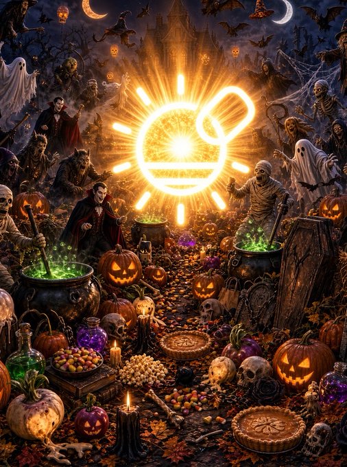 Halloween-themed illustration with glowing sun icons, jack-o-lanterns, ghosts, skeletons, mummies, and candlelit altars in a spooky graveyard setting.
