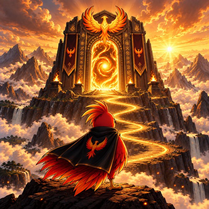 A fantasy digital artwork showing a red bird character in a cape looking toward a grand gateway of fire and a phoenix emblem, set amidst mountains and clouds at sunset.