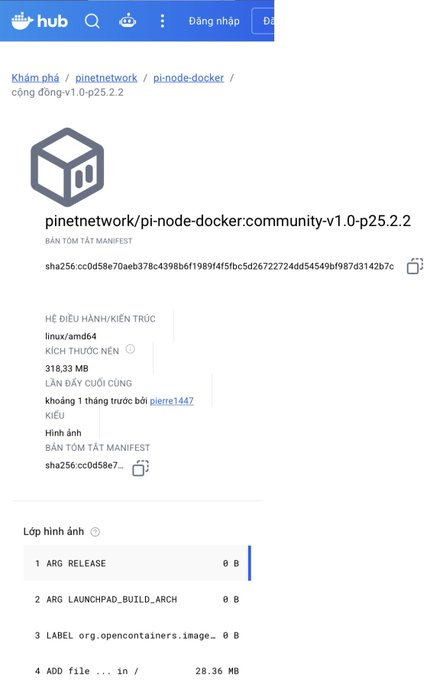A screenshot of Docker Hub showing the page for the "pinetwork/pi-node-docker:community-v1.0-p25.2.2" image, with the OS/Architecture listed as "linux/amd64," size of 318.33 MB, and a sha256 digest (cc0d58e70aeb378c4398b6f1989f4f5fbc5d26722724dd54549bf987d3142b7c), confirming the successful push of Pi Node Docker image v25.2.2 referenced in the post.
