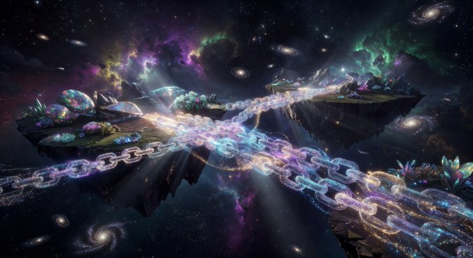 A cosmic fantasy scene featuring two floating islands connected by glowing crystalline chains, set against a backdrop of nebulae, galaxies, and starry space.